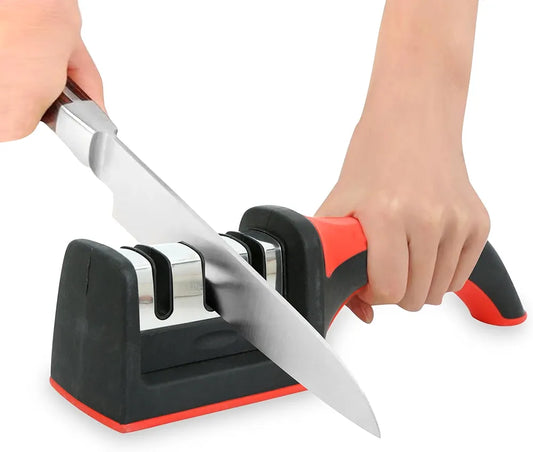 3 in 1 Knife Sharpener with Easy-Grip Handle and Non-Slip Rubber Base, 3-Stage Sharpening Tool for All Types of Knives