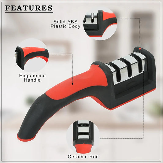 3 in 1 Knife Sharpener with Easy-Grip Handle and Non-Slip Rubber Base, 3-Stage Sharpening Tool for All Types of Knives